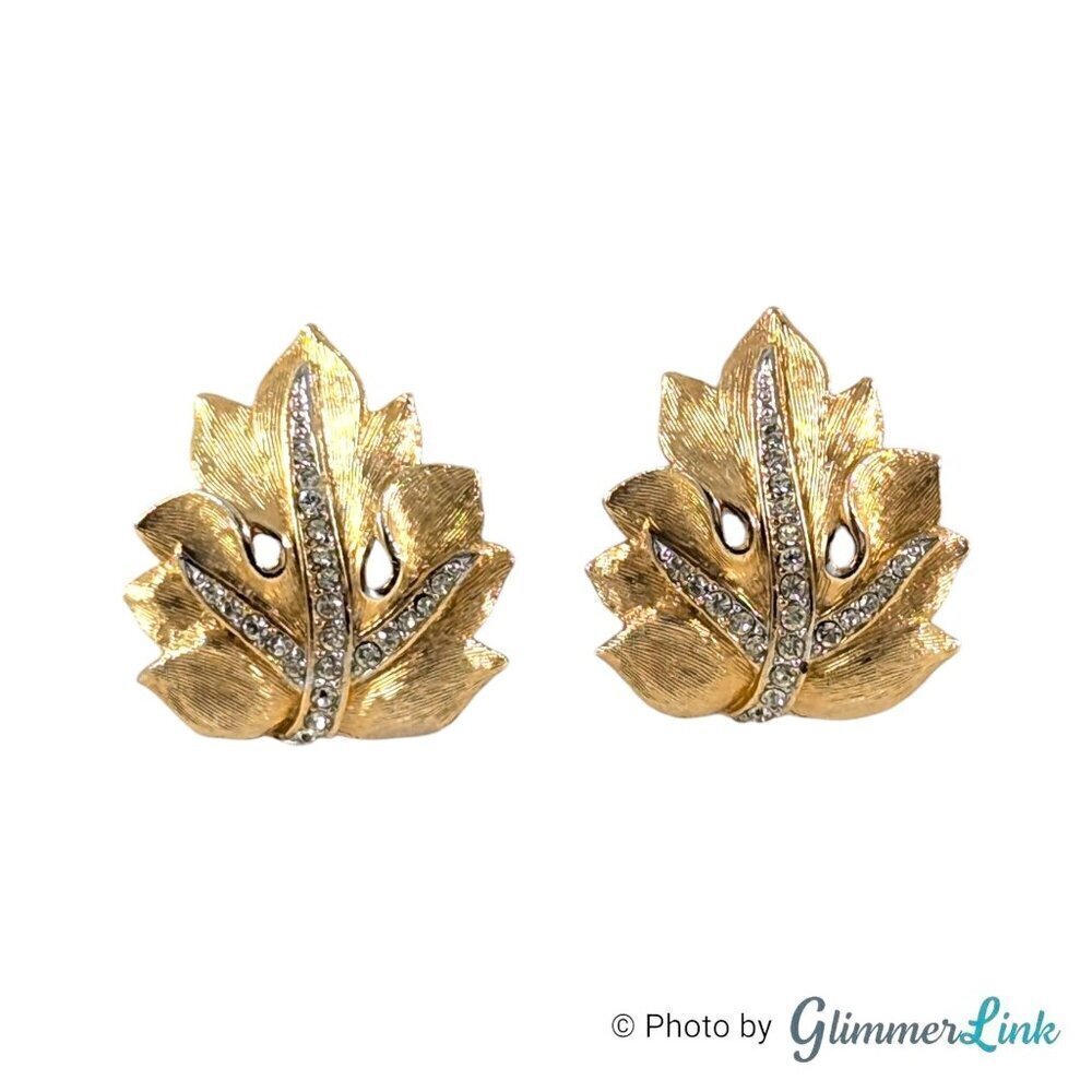 Vintage Marvella Rhinestone Maple Leaf Gold Tone Clip On Earrings